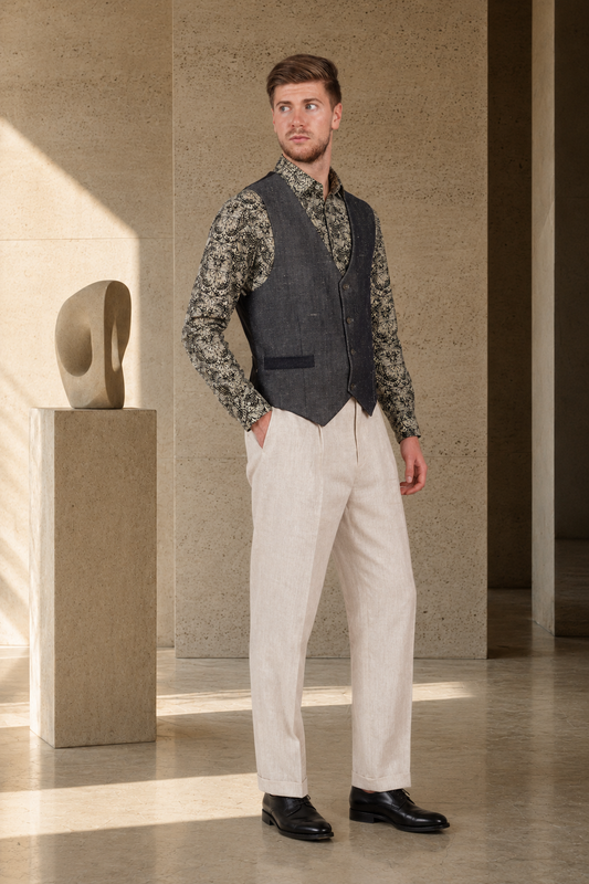 Gilet Atelier Belle Époque — lin indigo & gris foncé