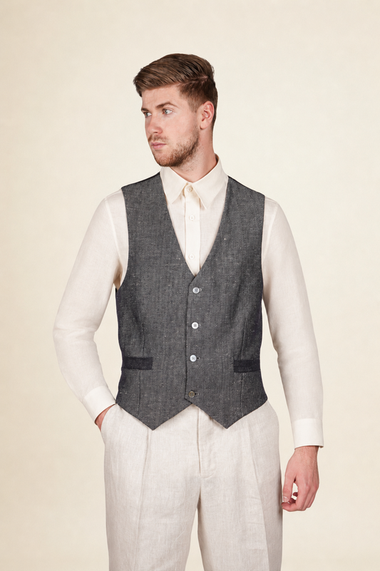 Gilet Atelier Belle Époque — lin indigo & gris foncé