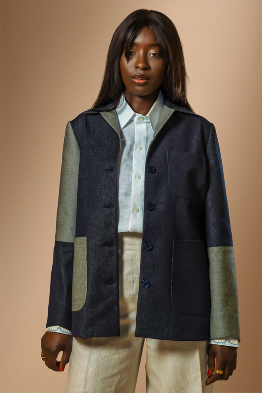 VESTE EN DENIM BICOLORE BLEU INDIGO ET GRIS FEMME – Collection Atelier