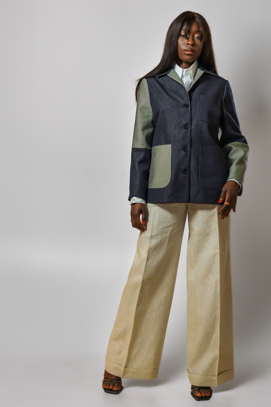 VESTE EN DENIM BICOLORE BLEU INDIGO ET GRIS FEMME – Collection Atelier